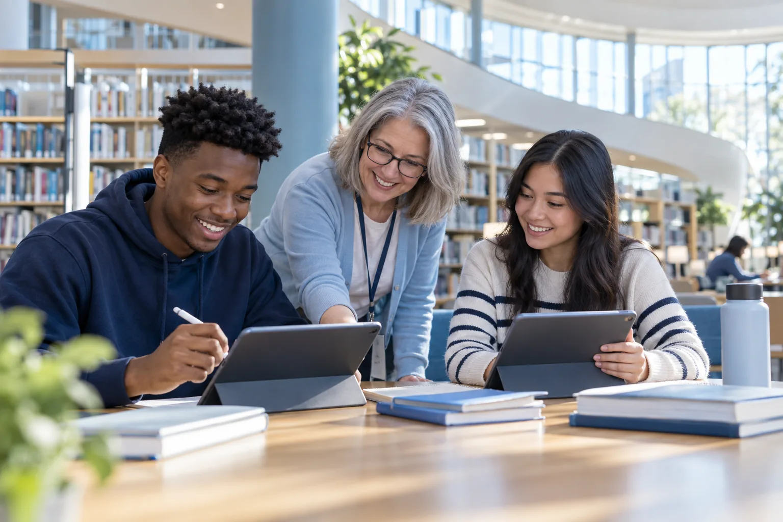 Students and a librarian working with tablets in a public library